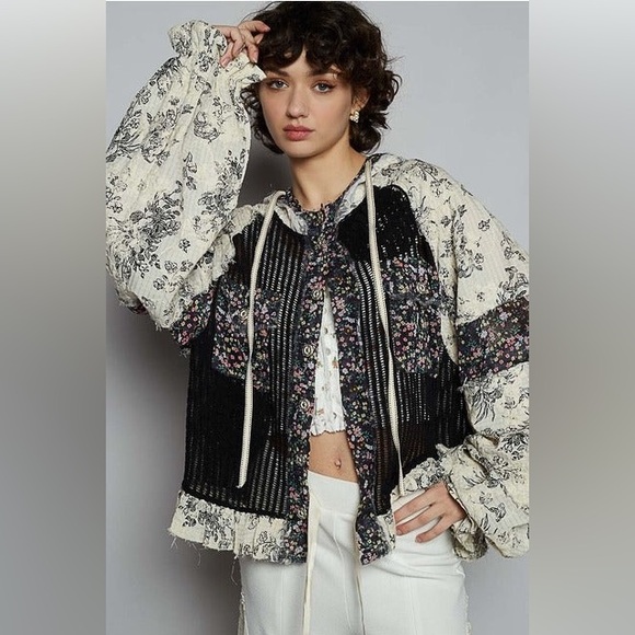 Balloon Sleeve Floral Contrast Crochet & Gauze Jacket - POL - Picture 2 of 5